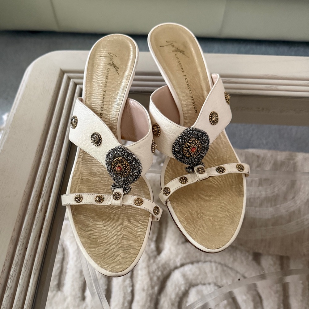 [SOLD] Giuseppe Ivory Jeweled Slide Heels